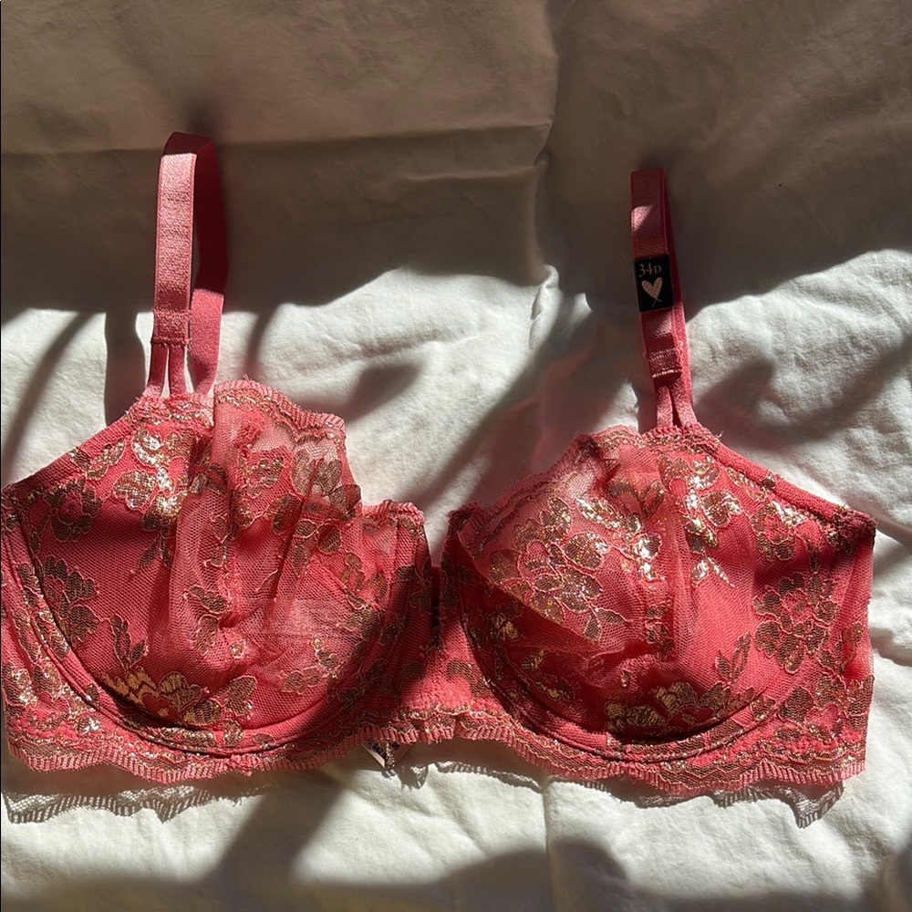 Elegant Coral and Gold Foil Unlined Underwire Lace Bra